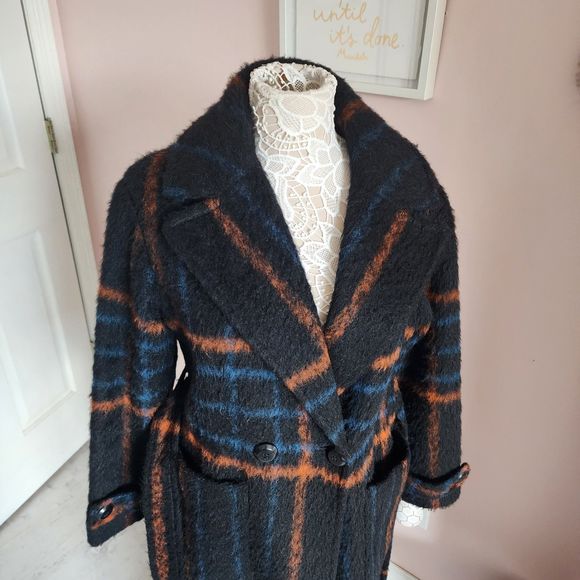 SOLD Trina Turk Wool double breasted mohair long coat fun colors  belt 6 - Picture 7 of 13